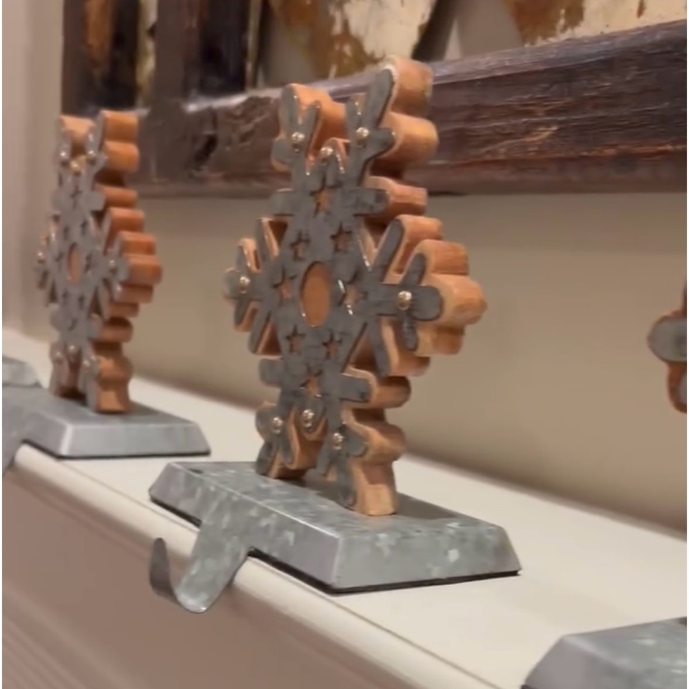 Set of 4 Stocking Holders, wood and galvanized metal